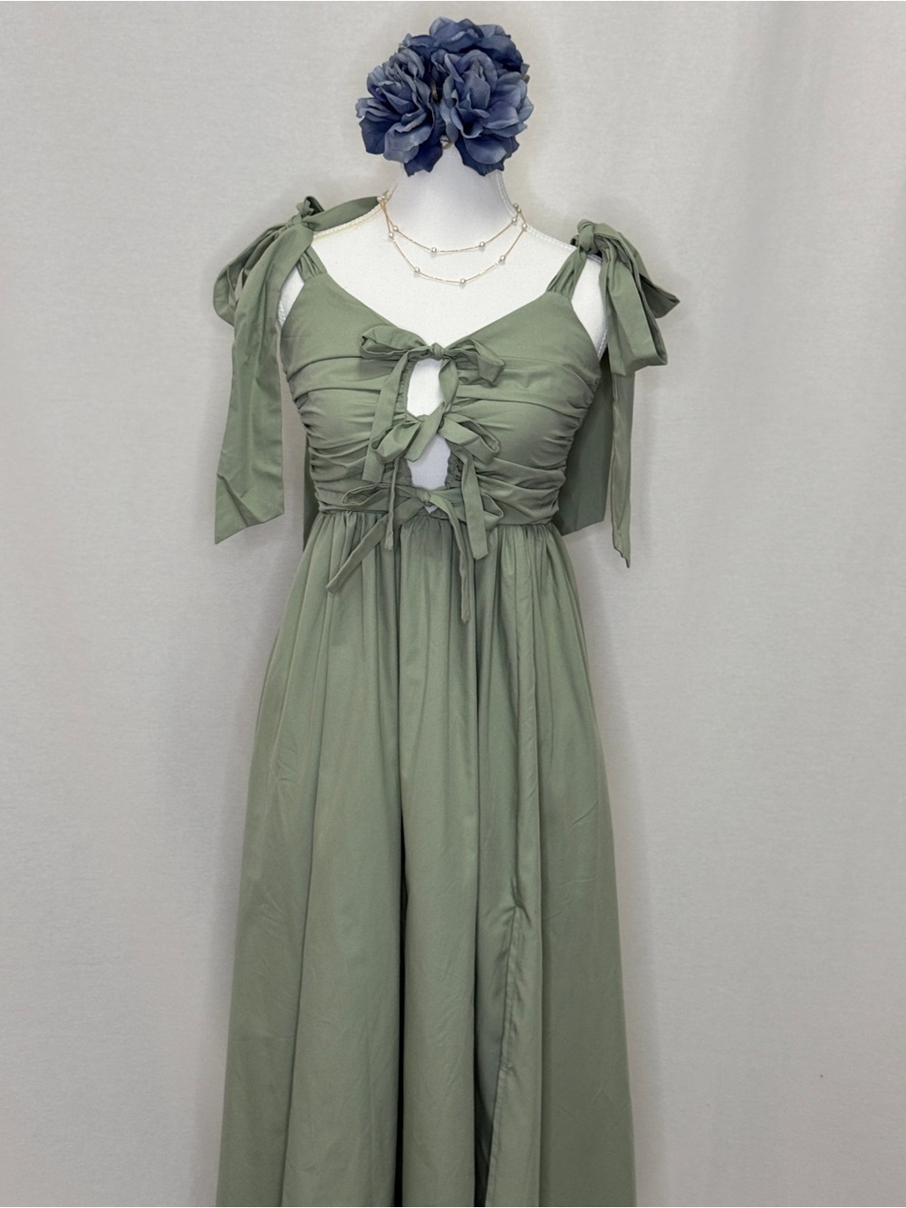 Tie-Shoulder Olive Green Maxi Dress